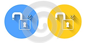 White Open padlock icon isolated with long shadow background. Opened lock sign. Cyber security concept. Digital data