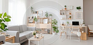 White open space flat interior with grey sofa, wooden cupboards with plants and decor, study corner desk with empty computer