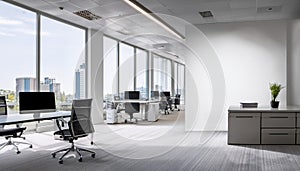 White open space office interior with blank wall