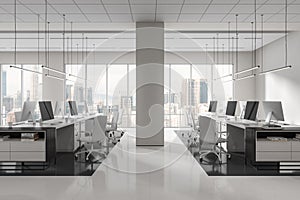 White open space office interior with columns