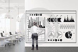 White open space office, businessman infographics