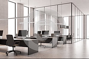 White open space office with meeting room
