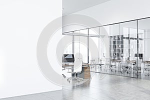 White open space office with meeting room, mock up