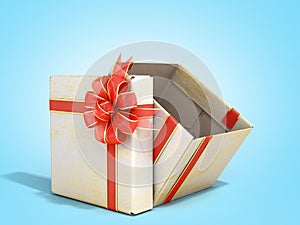 White open Square new year Gift Box with Red Ribbon and Bow 3d render on blue gradient