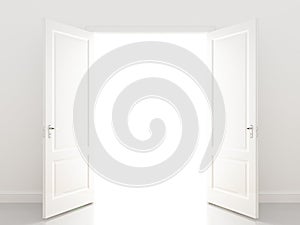 White openind door. Perspective