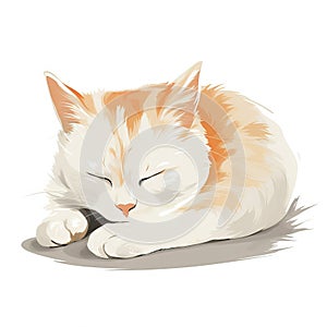 a white and orange cat sleeping on the floor with its eyes closed and eyes closed, with its head resting on a mouse\'s paw