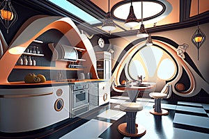 White and orange futuristic kitchen. Real estate. Real estate agent. Interior decorator. Home staging.