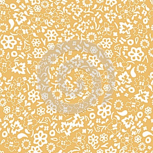 White on orange hand drawn random flower and leaf seamless repeat pattern background