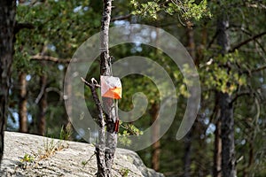 A white and orange orienteering control