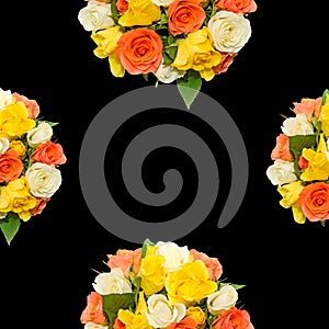 White, orange, red and yellow roses flowers, half bouquet, floral arrangement, black background, isolated