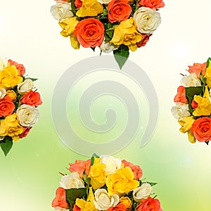 White, orange, red and yellow roses flowers, half bouquet, floral arrangement, green to yellow background, isolated