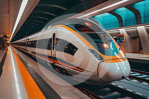 White and Orange Train Traveling Through a Train Station. Generative AI