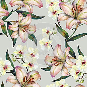 White orchid flower on a branch, lily, watercolor, bouquet, pattern seamless