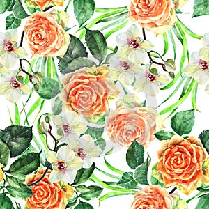 White orchid flower on a branch, orange rose,watercolor, bouquet, pattern seamless