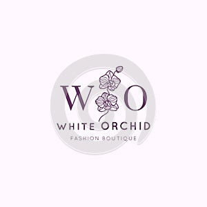 White Orchid logo design template in simple minimal linear style. Vector floral emblem and icon for Fashion Boutique