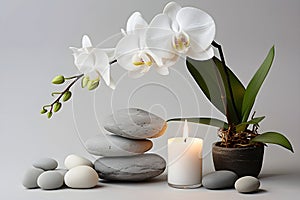 White Orchid, Rocks, and Candle in Home Decor