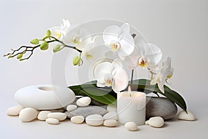 White Orchid, Rocks, and Candle in Home Decor