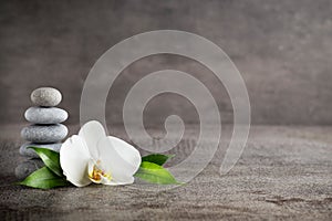 White orchid and spa stones on the grey background