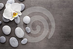 White orchid and spa stones on the grey background.