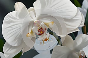 White orchid with yellow stamens is a close-up photo