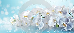 White orchids bouquet against sparkling blue background with bokeh. Banner with copy space. Ideal for poster, greeting