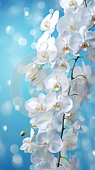 White orchids bouquet against a sparkling blue background with bokeh. With copy space. Ideal for poster, greeting card