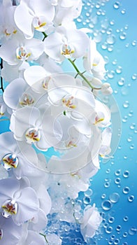 White orchids bouquet against a sparkling blue background with bokeh. With copy space. Ideal for poster, greeting card