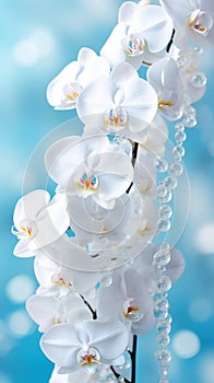 White orchids bouquet against a sparkling blue background with bokeh. With copy space. Ideal for poster, greeting card