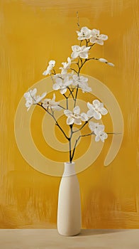 White orchids in a textured vase against a yellow background