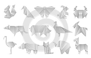 White origami animals. Geometric folded paper shapes, abstract bird dragon butterfly polygon templates. Vector japan