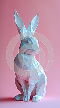 White Origami Rabbit with Whiskers on Blue Background