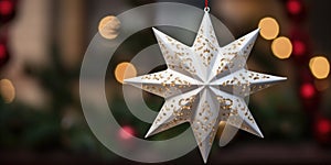 White origami star ornament hanging from a Christmas tree. Perfect for holiday decorations and festive celebrations