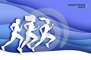 White origami young lady running. Happy fitness woman in paper cut style. Woman runner in silhouette on blue wave