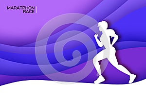 White origami young lady running. Happy fitness woman in paper cut style. Woman runner in silhouette on purple wave