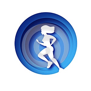 White origami young lady running. Happy fitness woman in paper cut style. Woman runner in silhouette on white background
