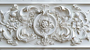 White ornamental plasterwork detail with floral pattern photo