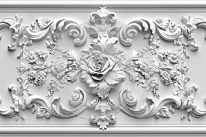 White ornamental plasterwork with floral and swirl elements