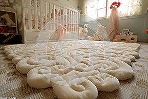 White Ornate Area Rug in Childs Nursery Room with Crib, Toys, and Teddy Bear
