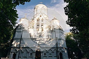 White orthodox ancient Church of the Beheading of John the Baptist in Dyakovo, Kolomenskoye, Moscow - may 2023