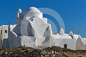 White orthodox church and blue sky in Mykonos, Islands, Greece