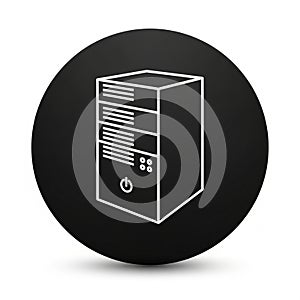 White Outline of Computer Tower on Black Circle Icon desktop hardware