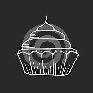 White outline cupcake on black background chalk style