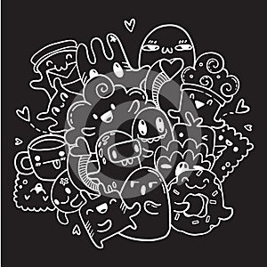 White outline hand drawn set of doodles on black background. Vector isolated contour of cartoon monsters