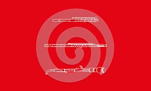 White outline musical instruments as a woodwind trio which includes English horn, piccolo and flute contour illustration