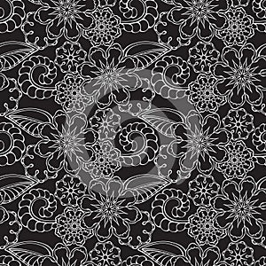 White outline paisley on black background. Vector ethnic seamless pattern.
