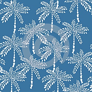 White outline palm trees on summer sky blue background. Vector