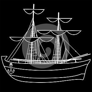 White outline of a sailboat with lowered sails on a black background