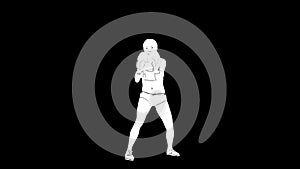 White outline sketch of woman in boxing gloves is training isolated on black background