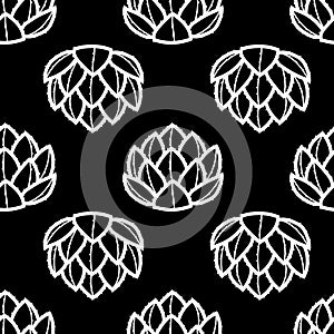 White outline succulents on black background. Seamless pattern