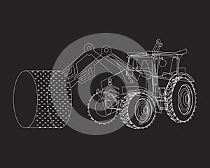 A white outline tractor on a black background, a vector illustration with an agricultural tractor carrying hay